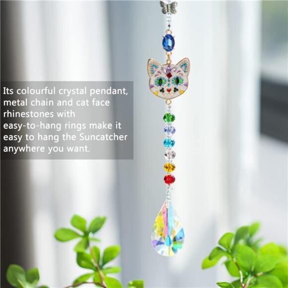 Crystal Rhinestones Suncatcher Cat Face Shaped with Butterfly Window Hang - Picture 4 of 7